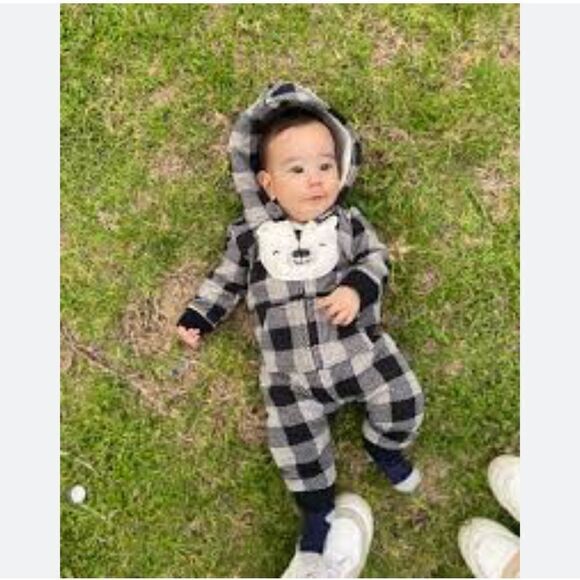 Carters 12 month black and gray fleecy hoodie Romper - Picture 1 of 10